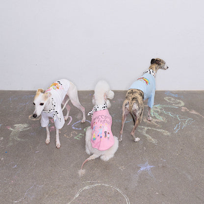 Doodle Print Dog T-Shirt – Blue, Pink or White