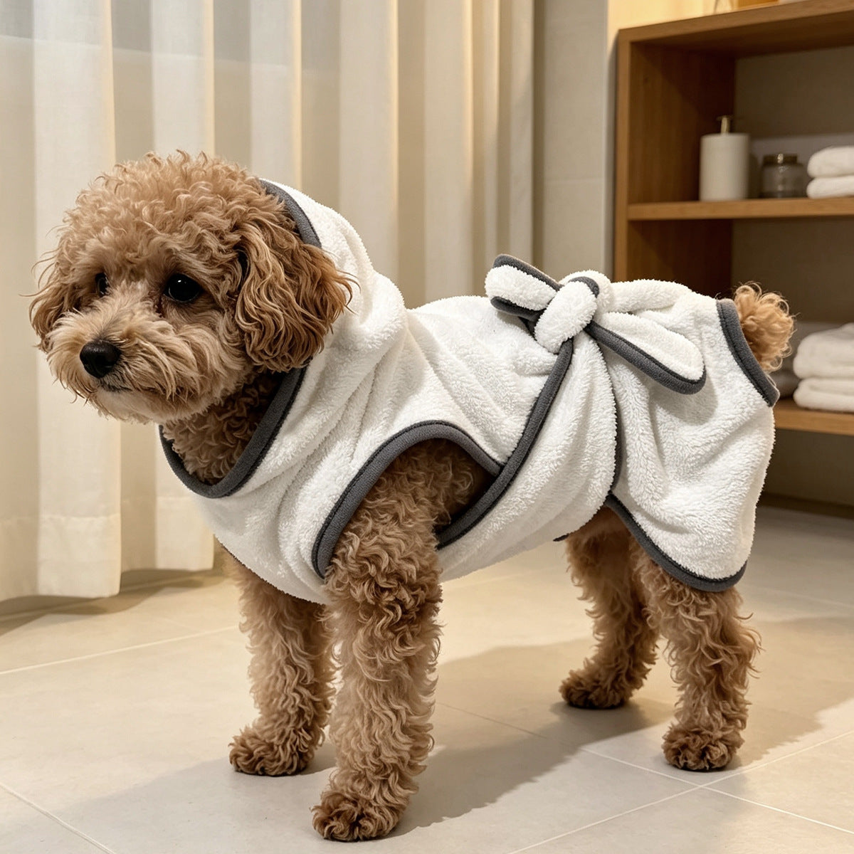 Hooded coral fleece pet drying robe with grey binding and a tie belt
