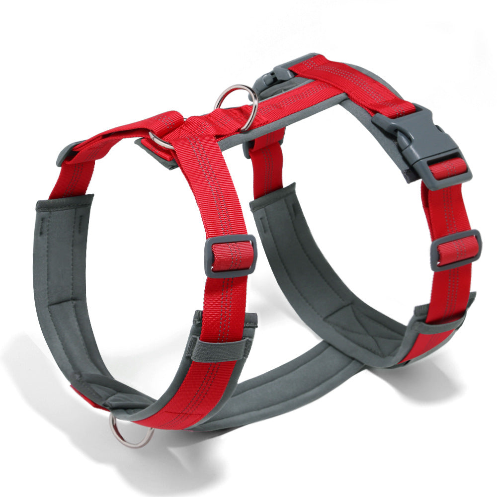 Red padded neoprene dog harness with grey lining, side-release buckles and front and back metal rings