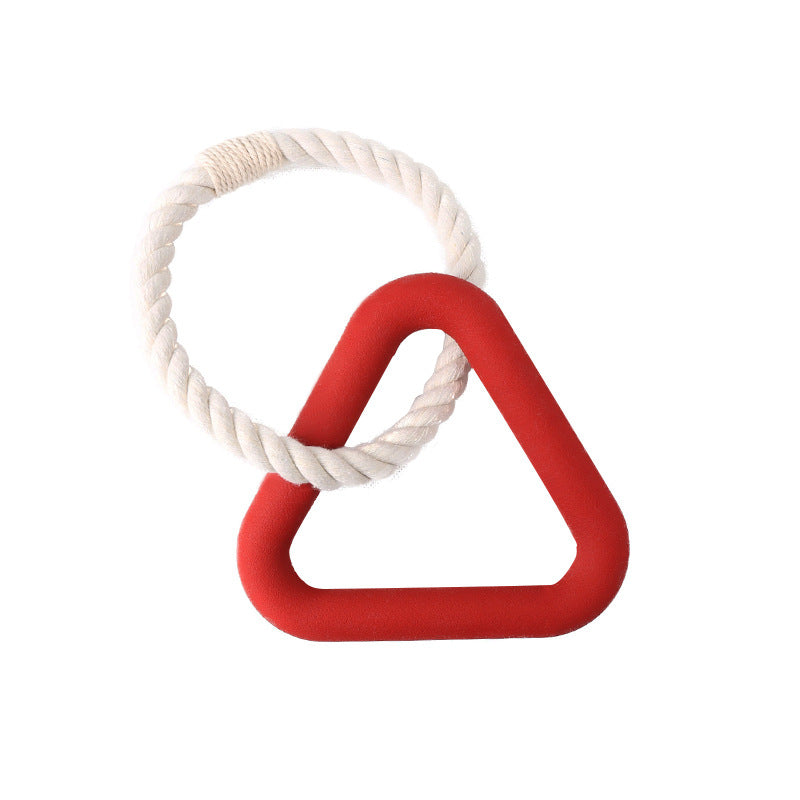 Red rubber triangle dog tug toy linked to a twisted rope loop