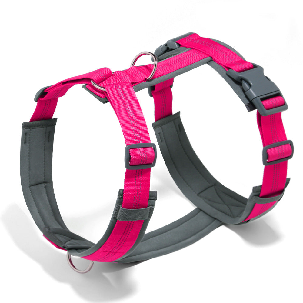 Hot Pink padded neoprene dog harness with grey lining, side-release buckles and front and back metal rings