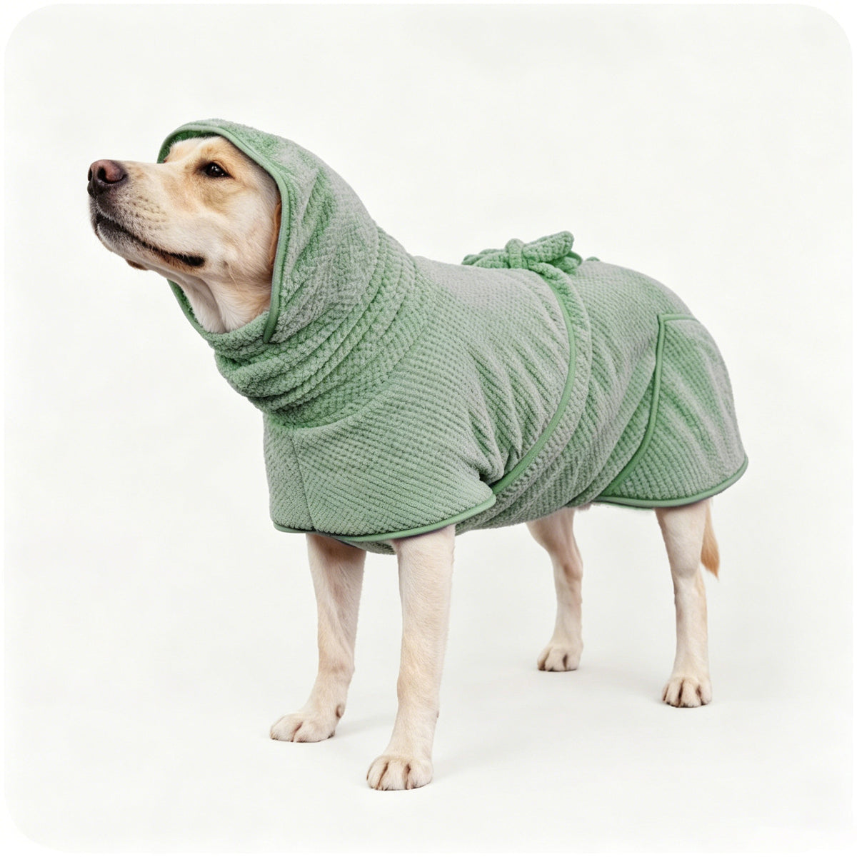 Sage green waffle towelling dog bathrobe with a hood, tie belt and side pocket, side view