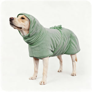 Sage green waffle towelling dog bathrobe with a hood, tie belt and side pocket, side view