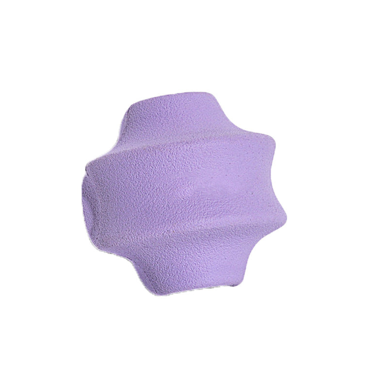 Lilac natural rubber dog treat ball with ridged star profile and treat opening