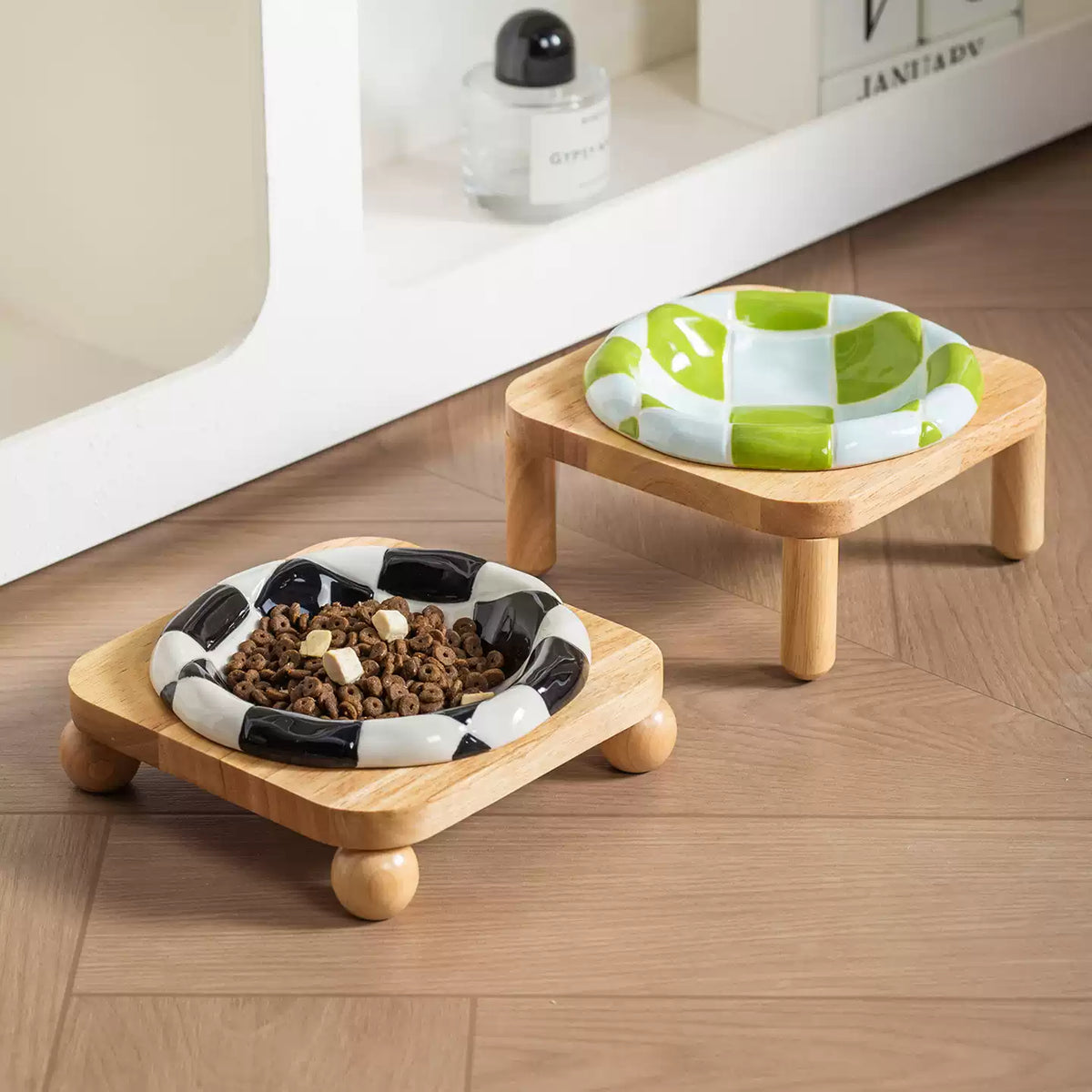 Checkerboard Pet Bowl with Oak Stand – Black, Blue or Green, Single or Double Raised Stand