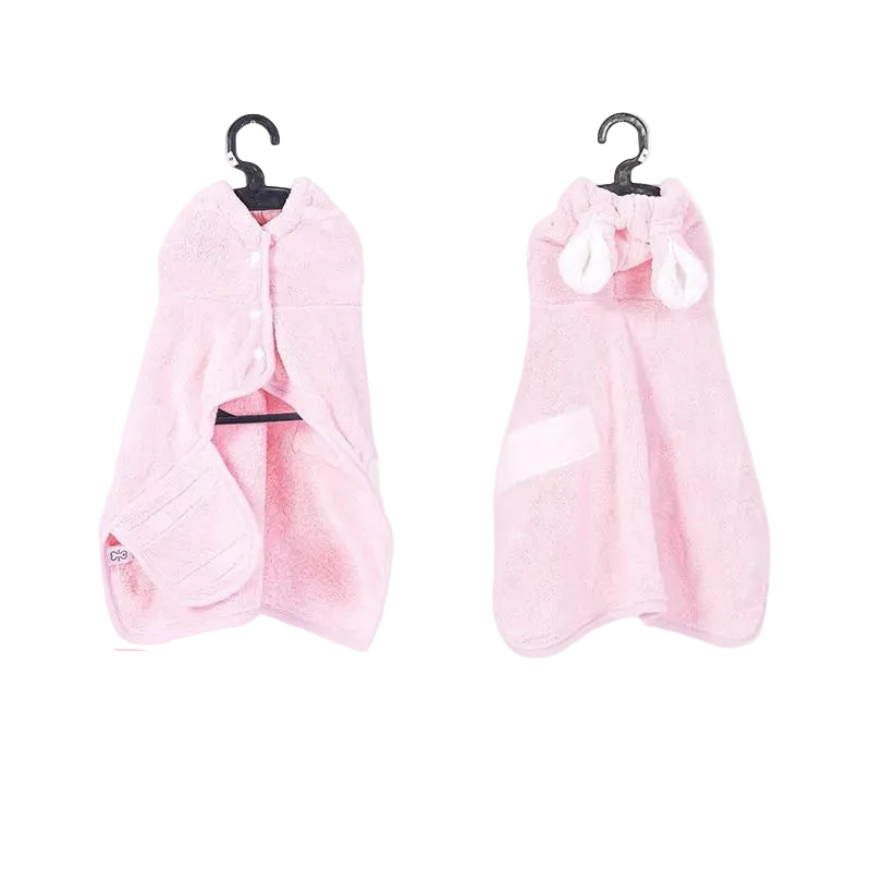 Pink rabbit ear pet drying robe, front and back