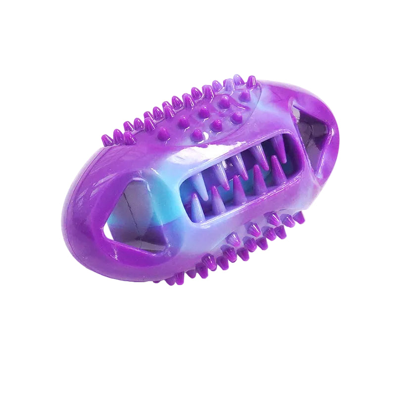 Purple and blue marbled TPR oval dog chew with spiked ridges and a toothed centre slot