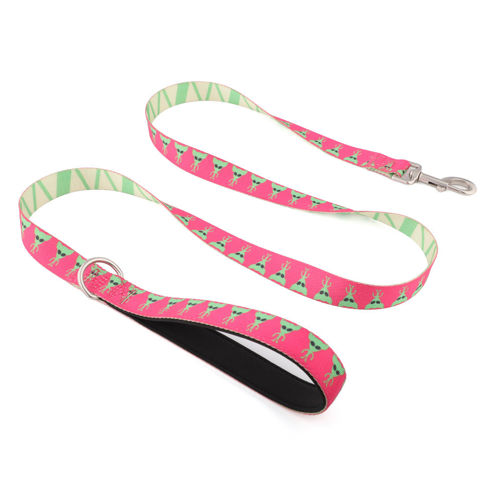 Pink Alien printed nylon dog lead: green aliens on pink, green and cream stripe reverse, padded handle