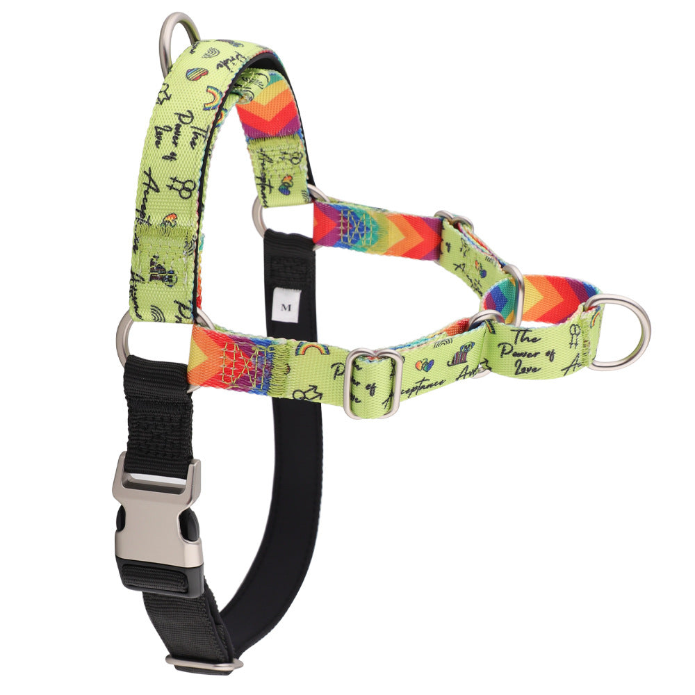 Rainbow Pride printed nylon dog harness: lime print with rainbows and hearts, black padded belly strap and front D-ring