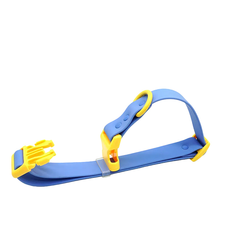 Two-tone PVC dog collar, blue strap with yellow buckle and D-ring