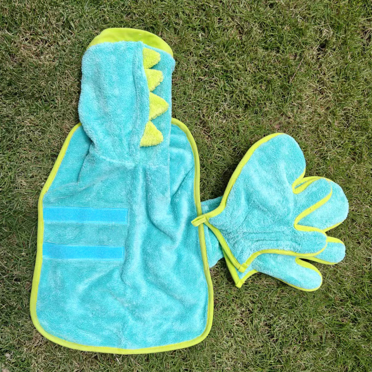 Dinosaur Dog Bathrobe and Mitt Set - Hooded Drying Robe with Spines, S to 6XL for 3 to 35kg