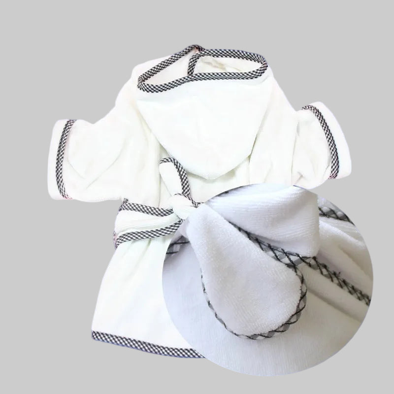 White hooded coral fleece pet bathrobe with a tie belt, shown from the back