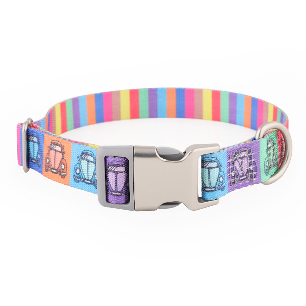 Vintage Car printed nylon dog collar: retro cars on colour blocks, rainbow stripe lining