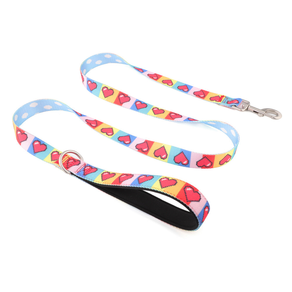 Pixel Hearts printed nylon dog lead: pixel red hearts on colour blocks, cloud print reverse, padded handle