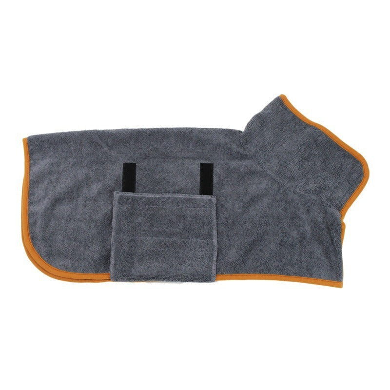 Hooded pet drying robe in grey with orange binding, showing the two hook and loop strips