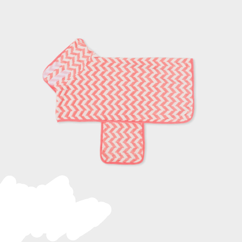 Pink zigzag pet drying wrap with bound edges, laid flat