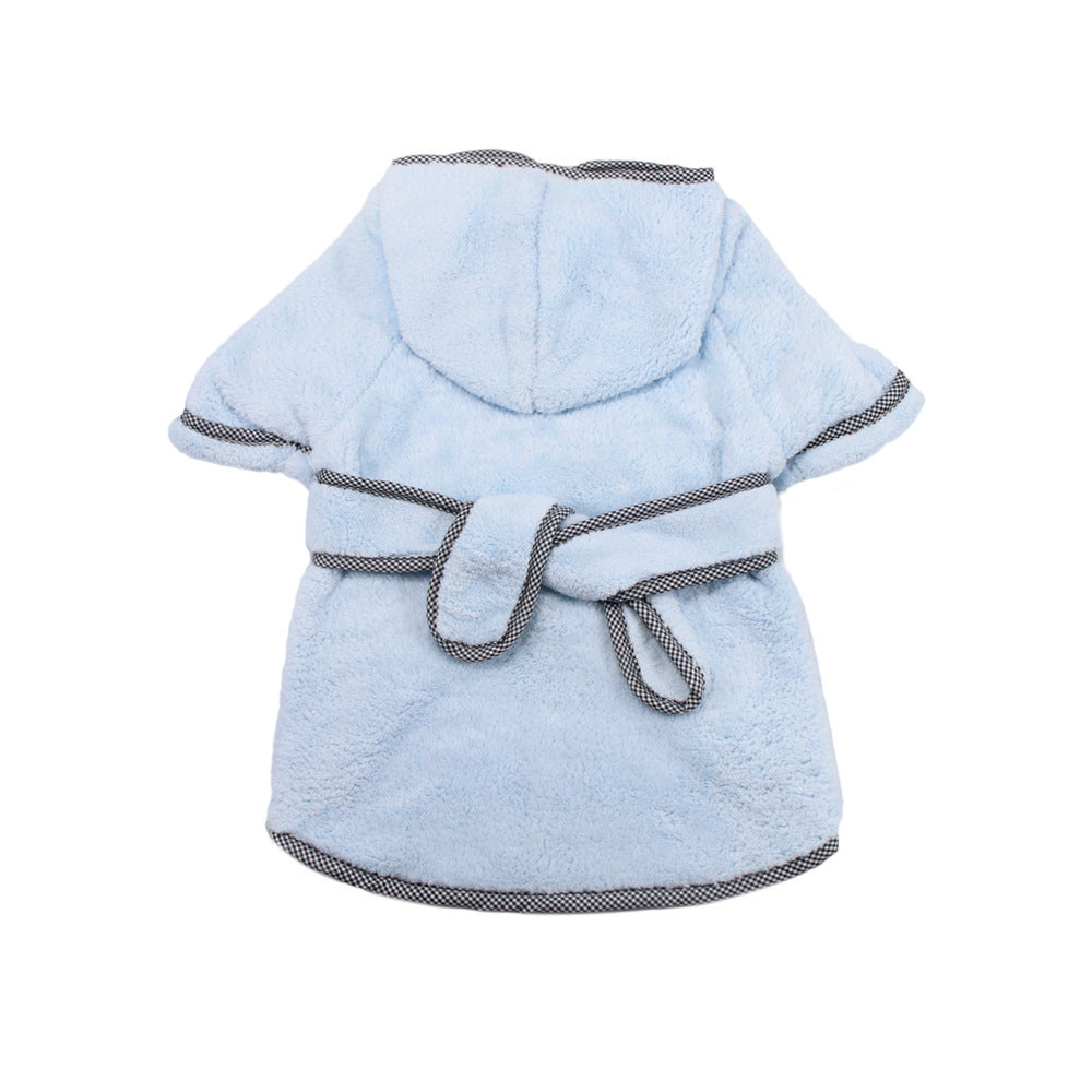 Blue hooded coral fleece pet bathrobe with a tie belt, shown from the back