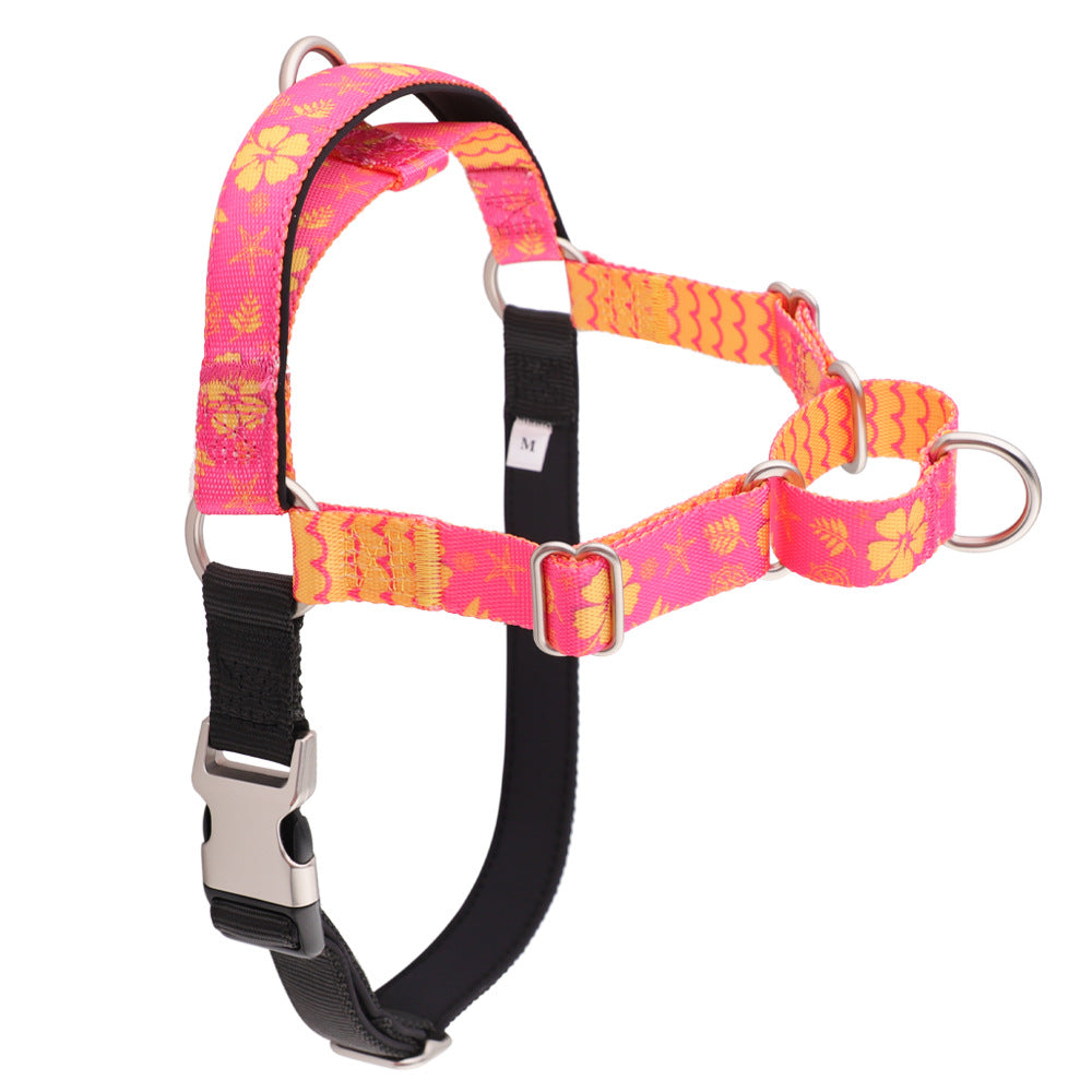 Pink Tropical printed nylon dog harness: yellow flowers and starfish on pink, black padded belly strap and front D-ring