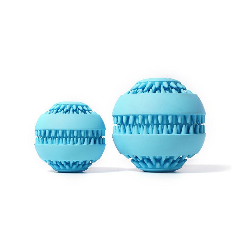 Blue rubber dog treat balls in both sizes side by side, showing the ridged toothed bands