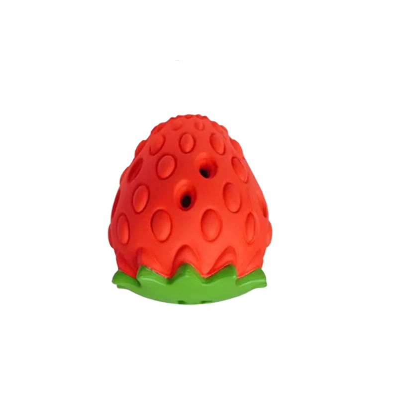 Medium red rubber strawberry dog treat toy, 83mm across and 98mm tall, with a green leaf base