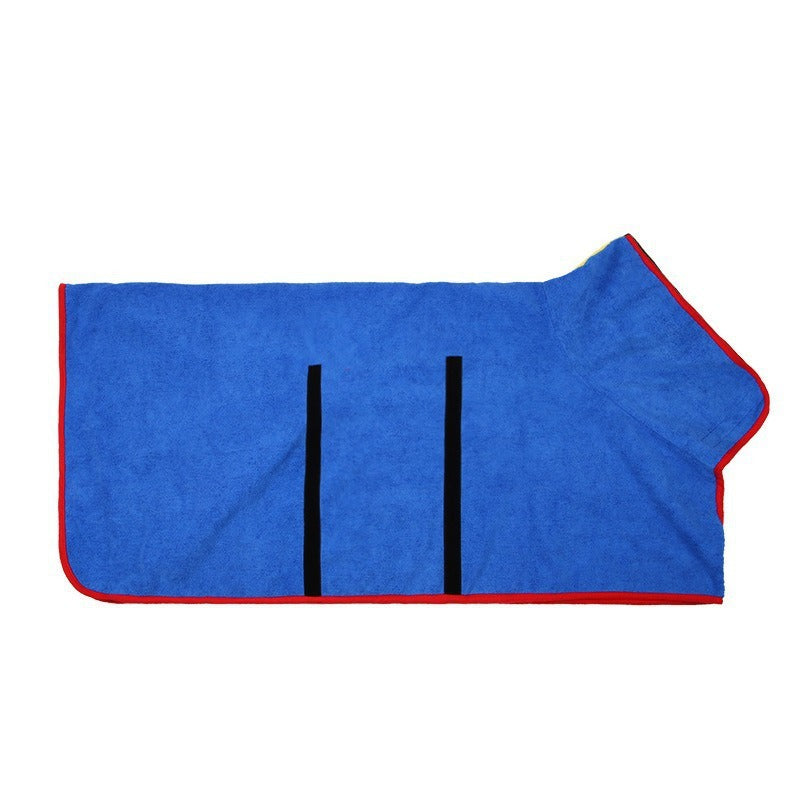 Blue hooded pet drying robe with red binding, laid flat