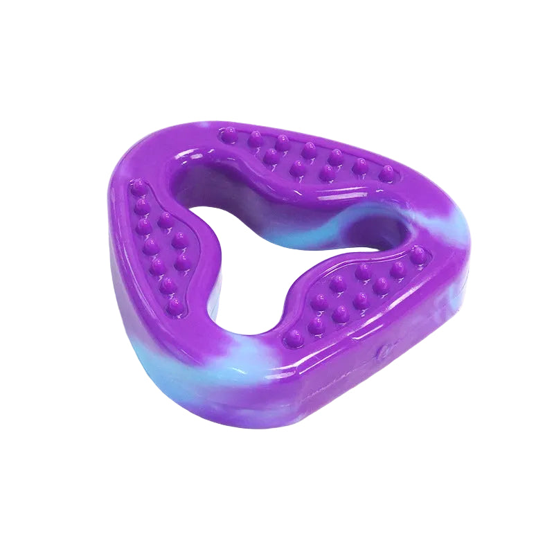Purple and blue marbled TPR triangle dog chew with nubbed faces and an open centre
