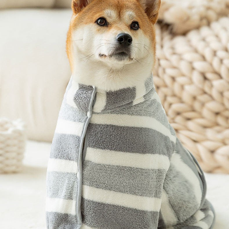 Close view of the stand collar and popper placket on the grey striped dog bathrobe