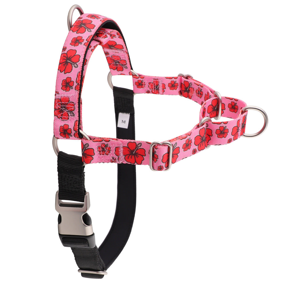 Red Hibiscus printed nylon dog harness: red hibiscus flowers on pink, black padded belly strap and front D-ring