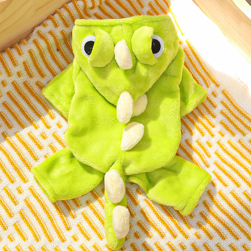 Green hooded dinosaur fleece pet suit with applied eyes and horns