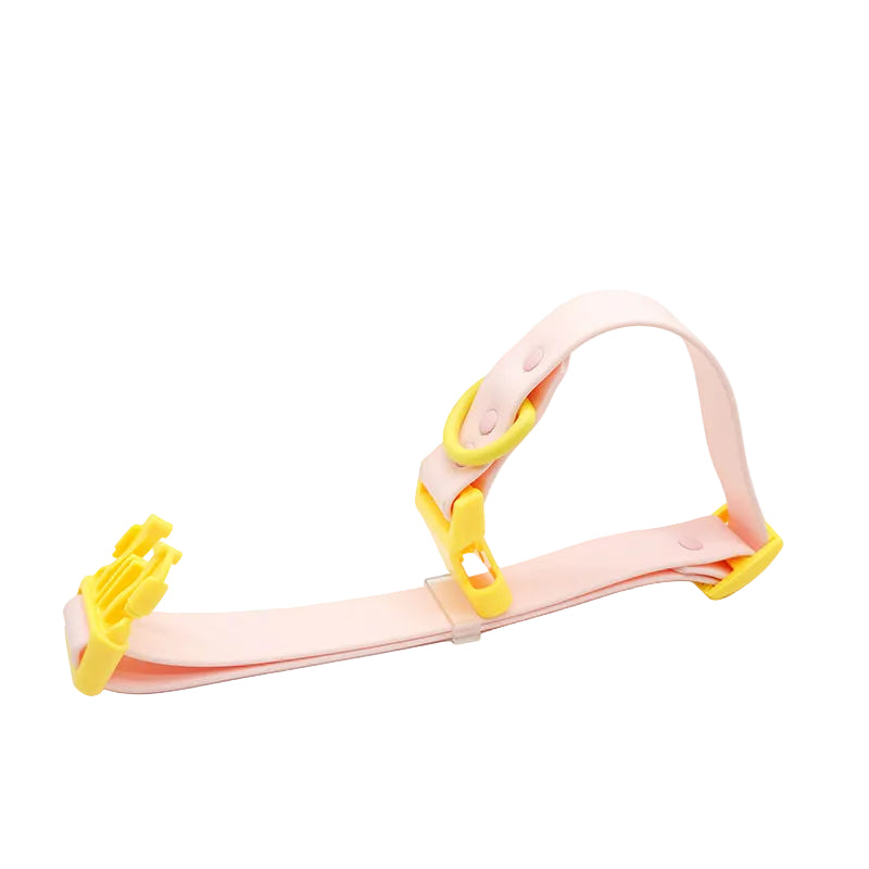Two-tone PVC dog collar, pink strap with yellow buckle and D-ring
