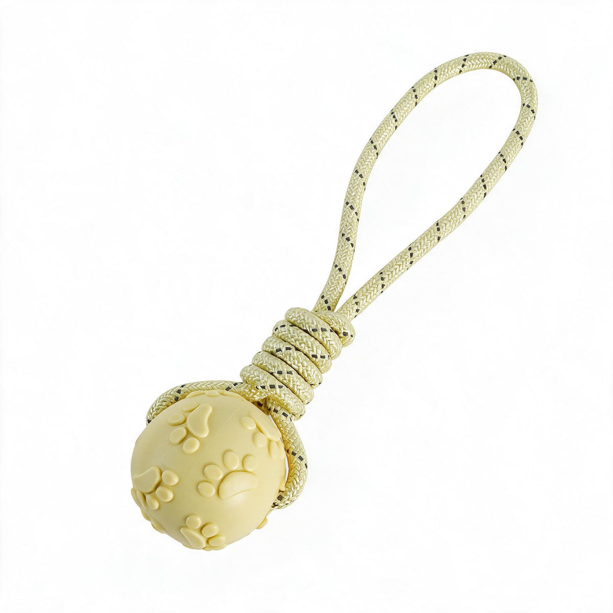 Butter yellow rubber dog ball embossed with paw prints, knotted onto a flecked rope loop