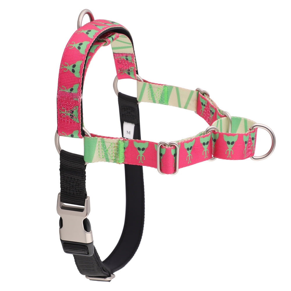 Pink Alien printed nylon dog harness: green aliens on pink, black padded belly strap and front D-ring