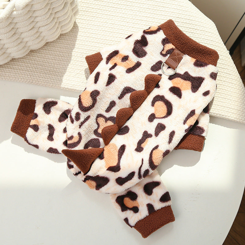 Brown leopard print fleece pet suit with fleece spines and a neck D-ring