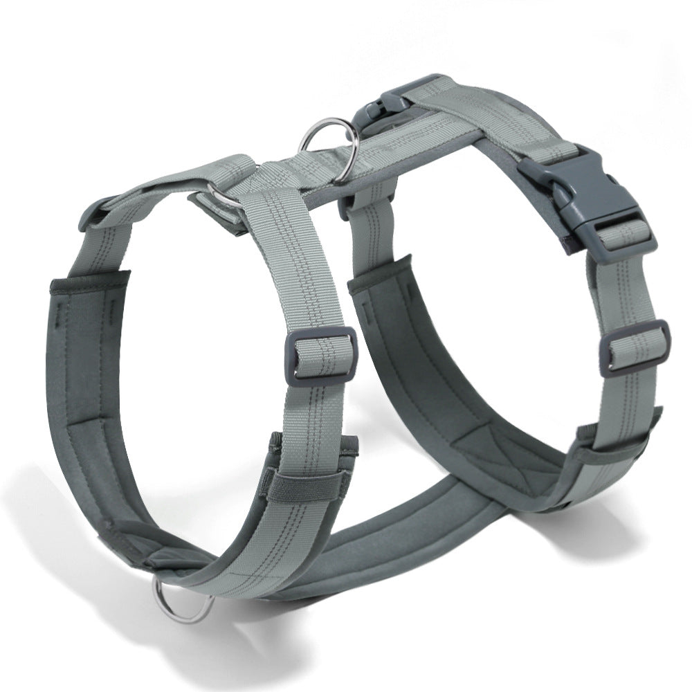 Grey padded neoprene dog harness with grey lining, side-release buckles and front and back metal rings