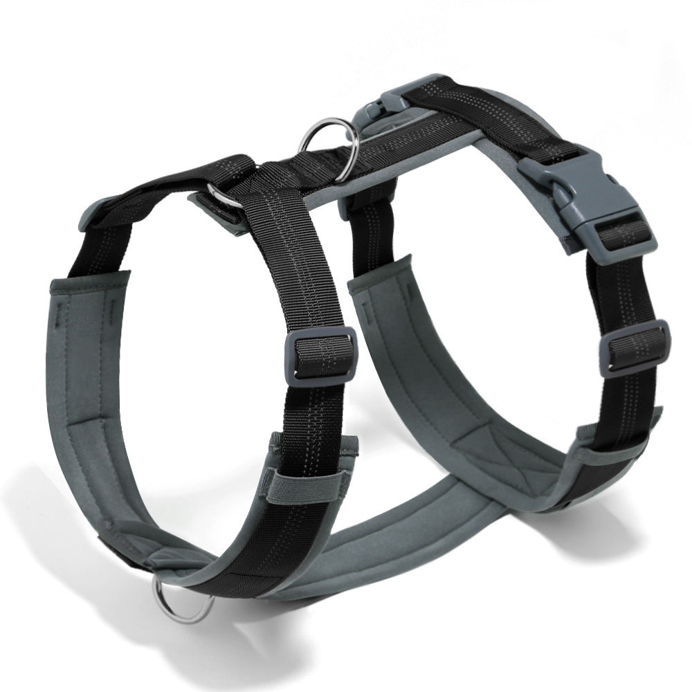 Black padded neoprene dog harness with grey lining, side-release buckles and front and back metal rings
