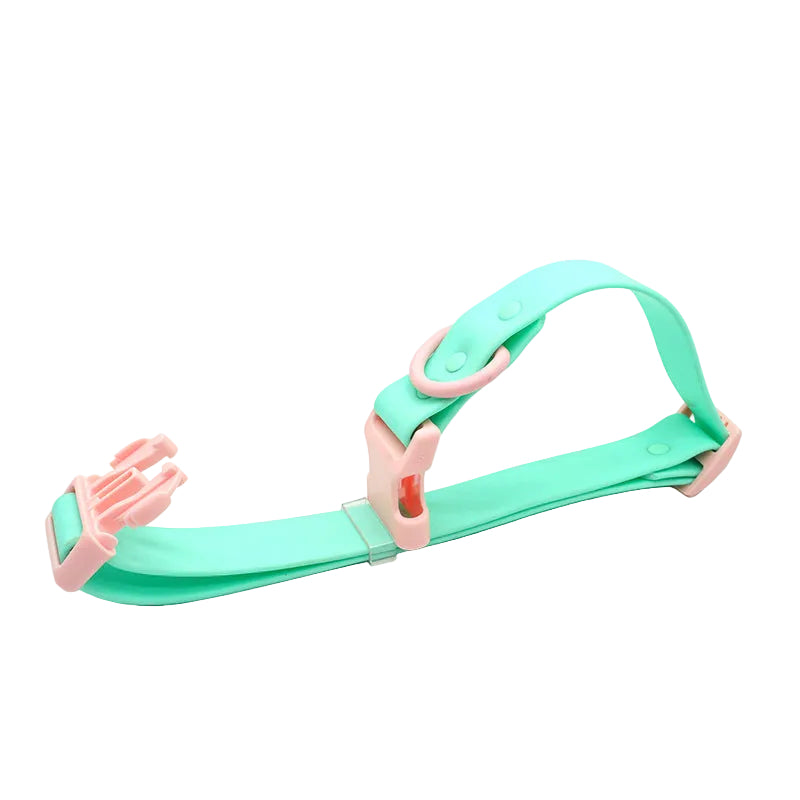 Two-tone PVC dog collar, mint green strap with pink buckle and D-ring