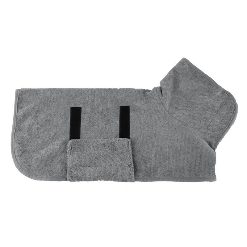Grey hooded pet drying robe with matching binding, laid flat