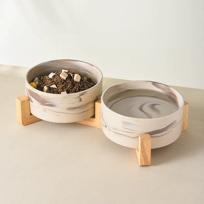 Marble Ceramic Pet Bowl with Bamboo Stand