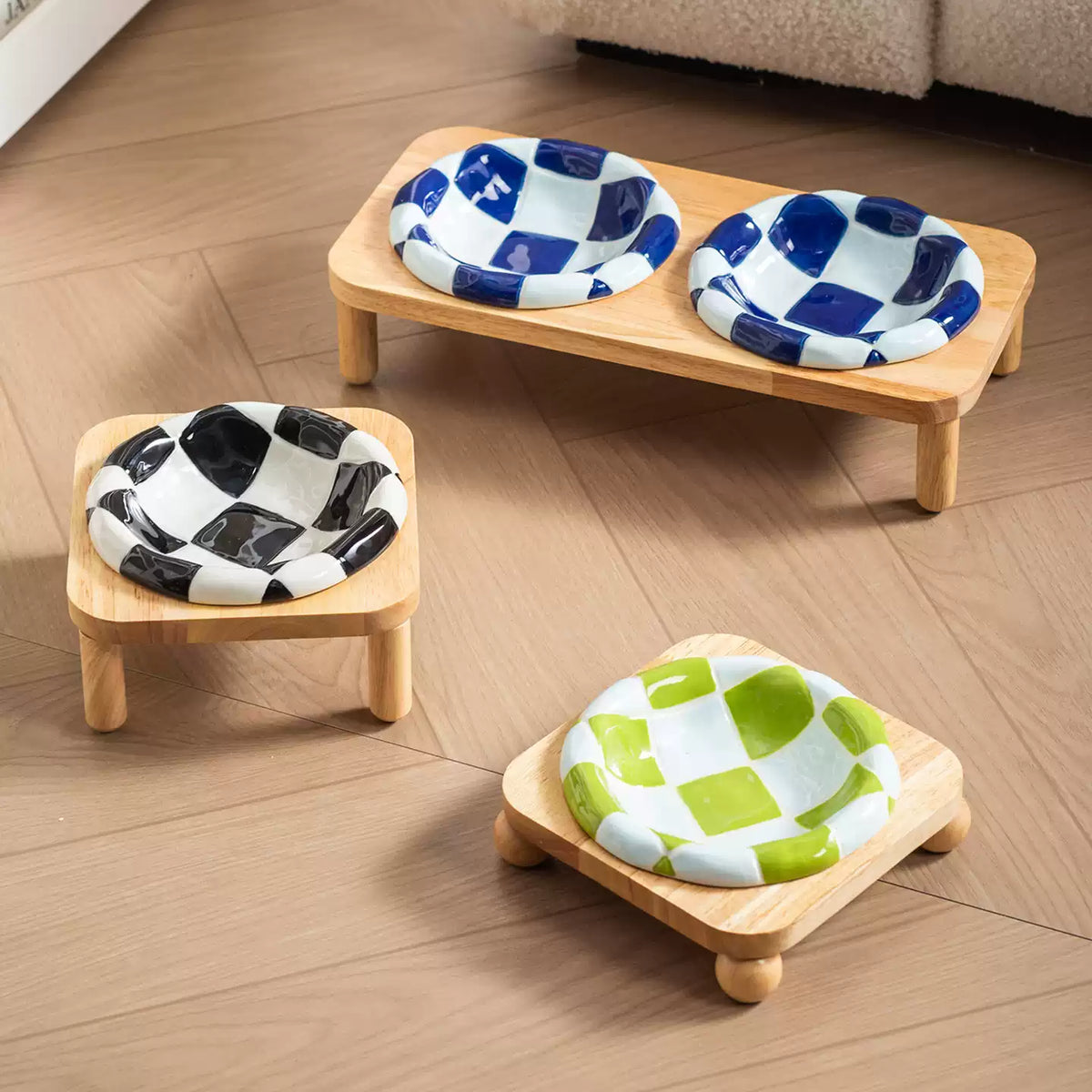 Checkerboard Pet Bowl with Oak Stand – Black, Blue or Green, Single or Double Raised Stand