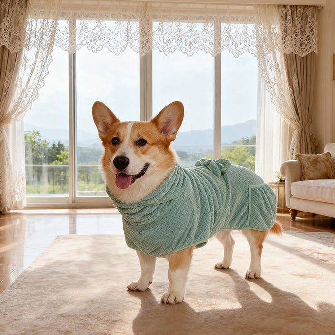 Waffle Towelling Dog Bathrobe - Hooded Drying Robe with Tie Belt and Pocket, L to 6XL
