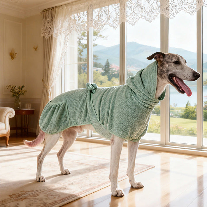 Waffle Towelling Dog Bathrobe - Hooded Drying Robe with Tie Belt and Pocket, L to 6XL
