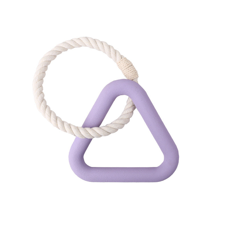 Lilac rubber triangle dog tug toy linked to a twisted rope loop
