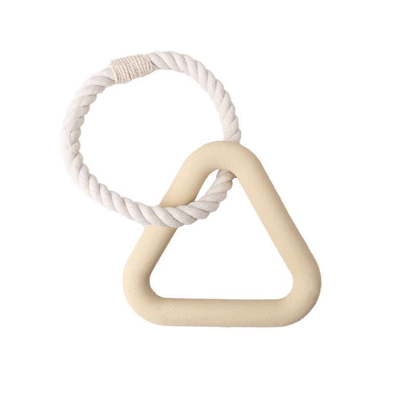 Sand rubber triangle dog tug toy linked to a twisted rope loop