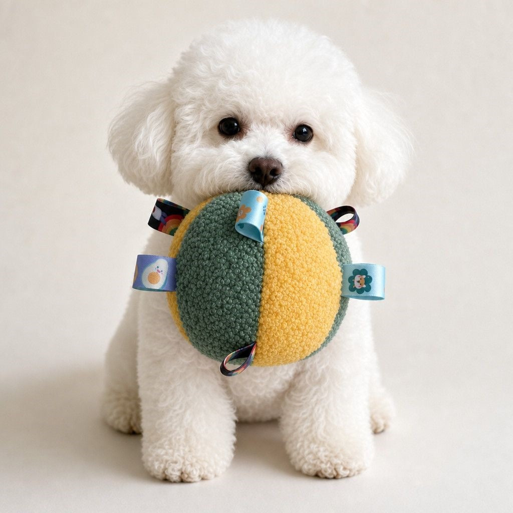 Green and mustard plush dog ball with ribbon tabs round the seams