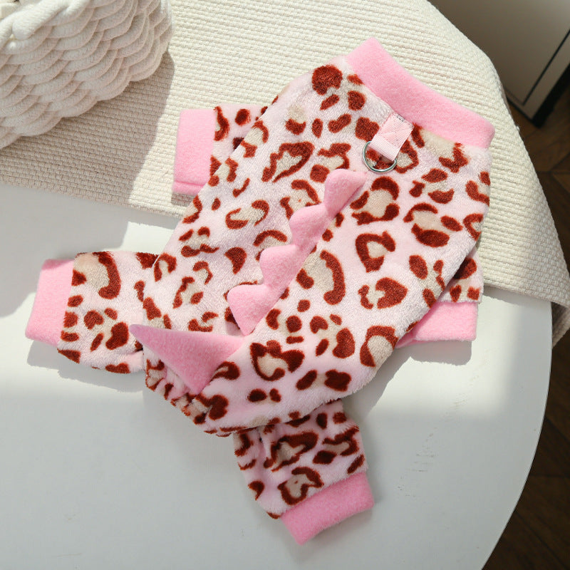 Pink leopard print fleece pet suit with contrast collar and cuffs