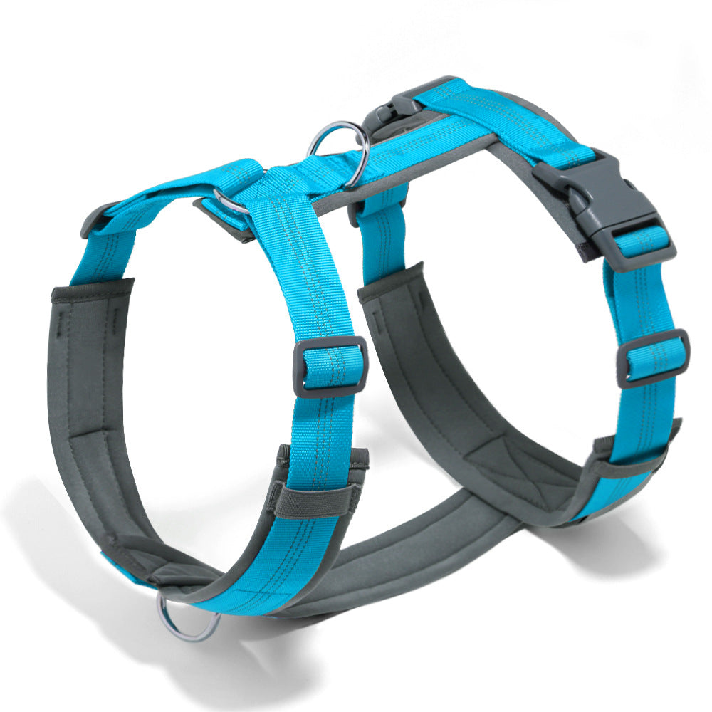 Light Blue padded neoprene dog harness with grey lining, side-release buckles and front and back metal rings