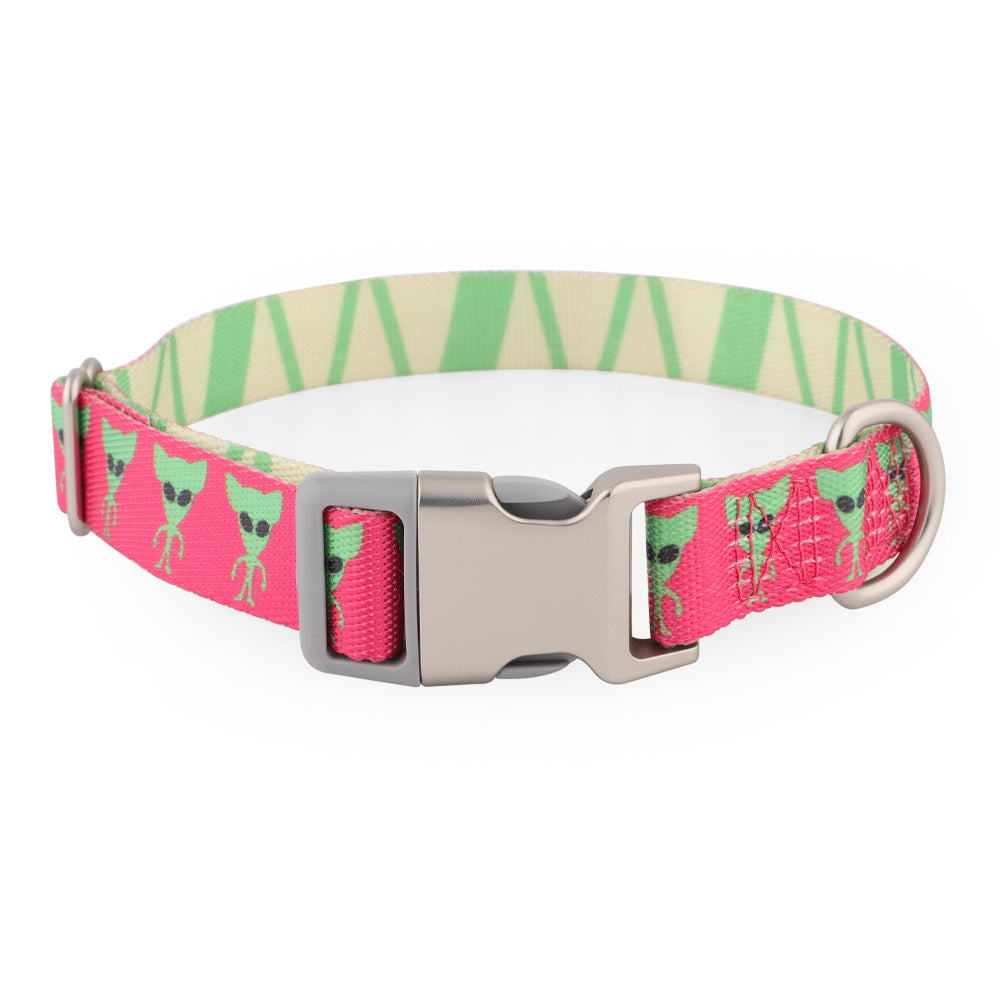Pink Alien printed nylon dog collar: green aliens on pink, green and cream stripes inside