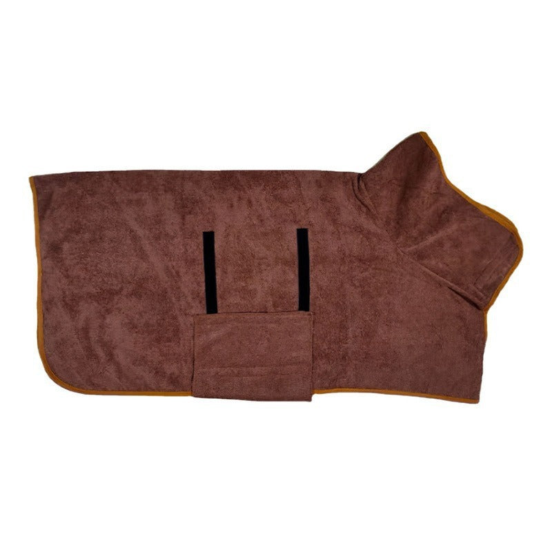 Coffee hooded pet drying robe with orange binding, laid flat