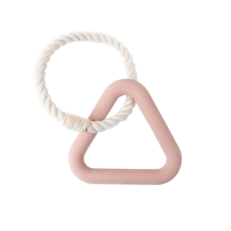 Pink rubber triangle dog tug toy linked to a twisted rope loop