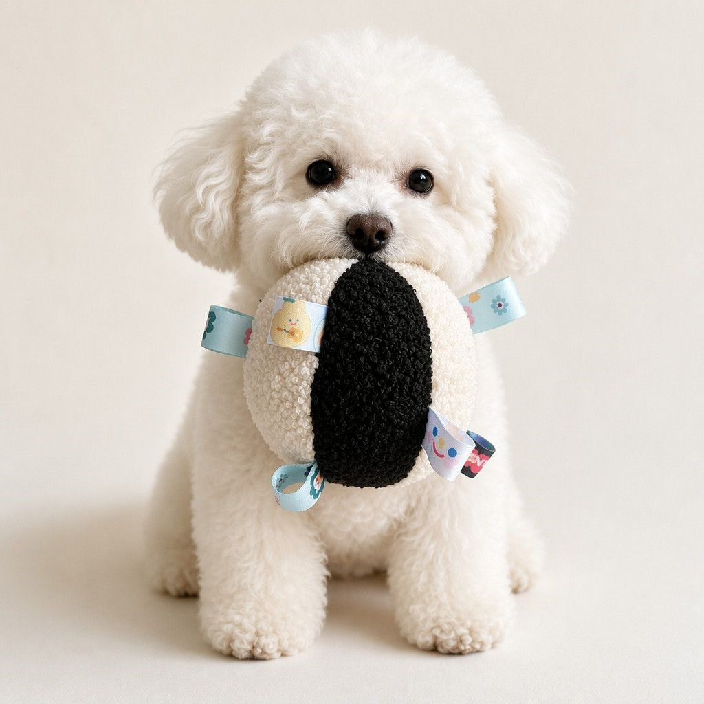 Cream and black plush dog ball with pastel printed ribbon tabs